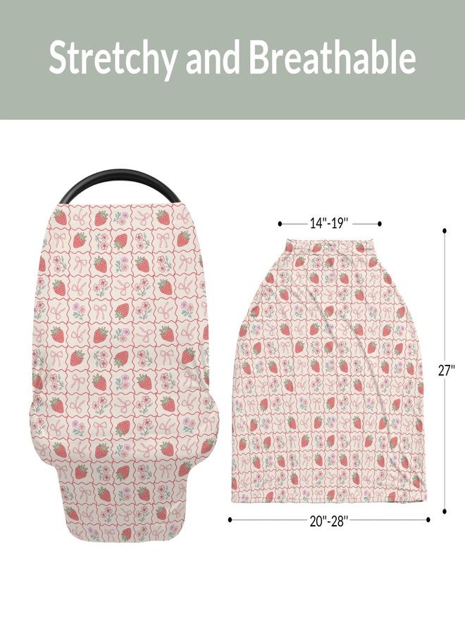 ZoUbqchY Boho Strawberry Flowers Car Seat Cover for Baby Strawberries Pink Bows Checkerboard Stretchy 5-in-1 Cover Adjustable Car Canopy Cover Summer Fruit Breathable Nursing Cover-Up - Image 5
